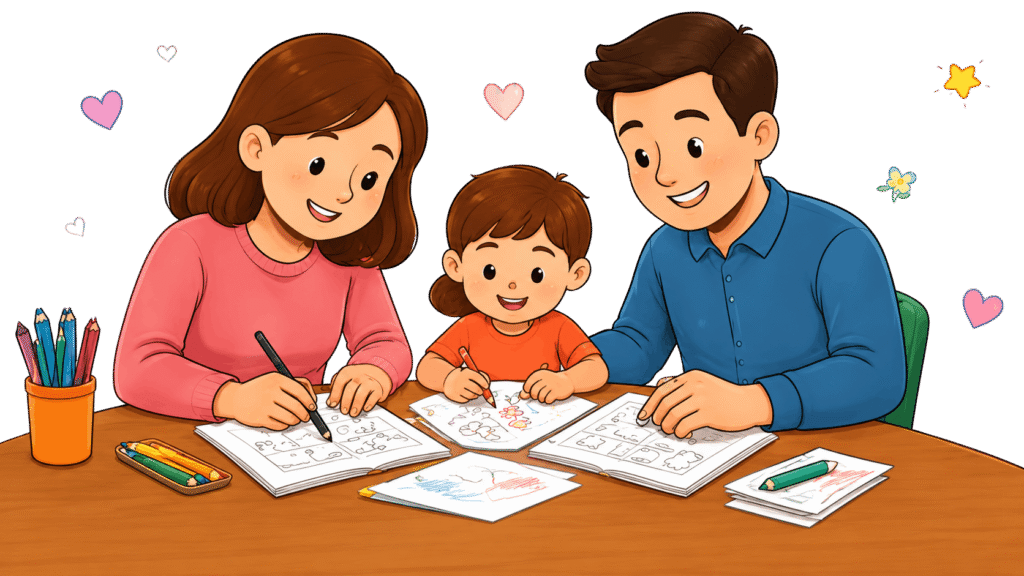 Parents teach their dauther how to color on coloring pages